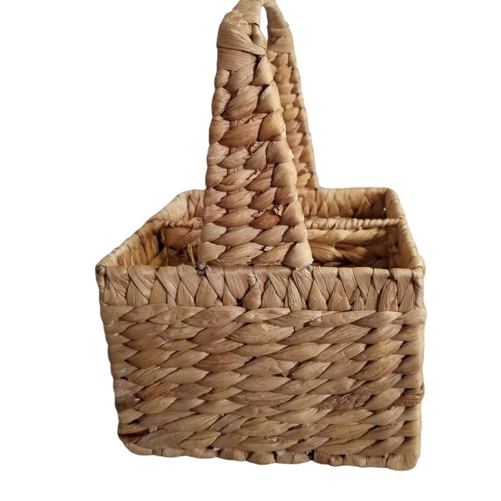Water Hyacinth Wicker 4 Compartment Utensil Flatware Caddy Storage w/Handle
